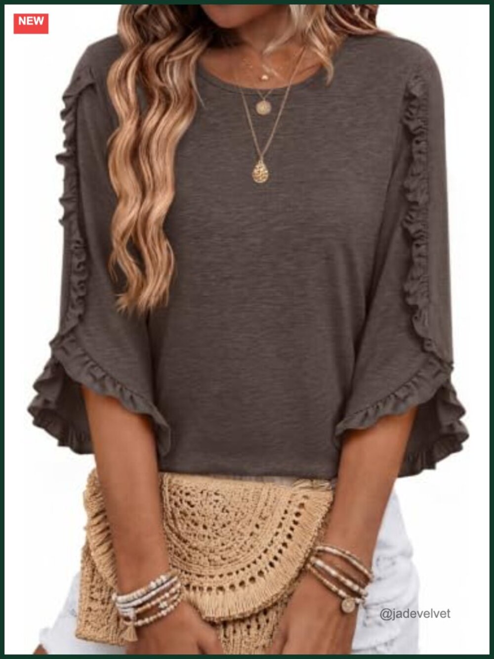 Womens 3/4 Sleeve Ruffle Crewneck Blouse Dressy Casual Business Top